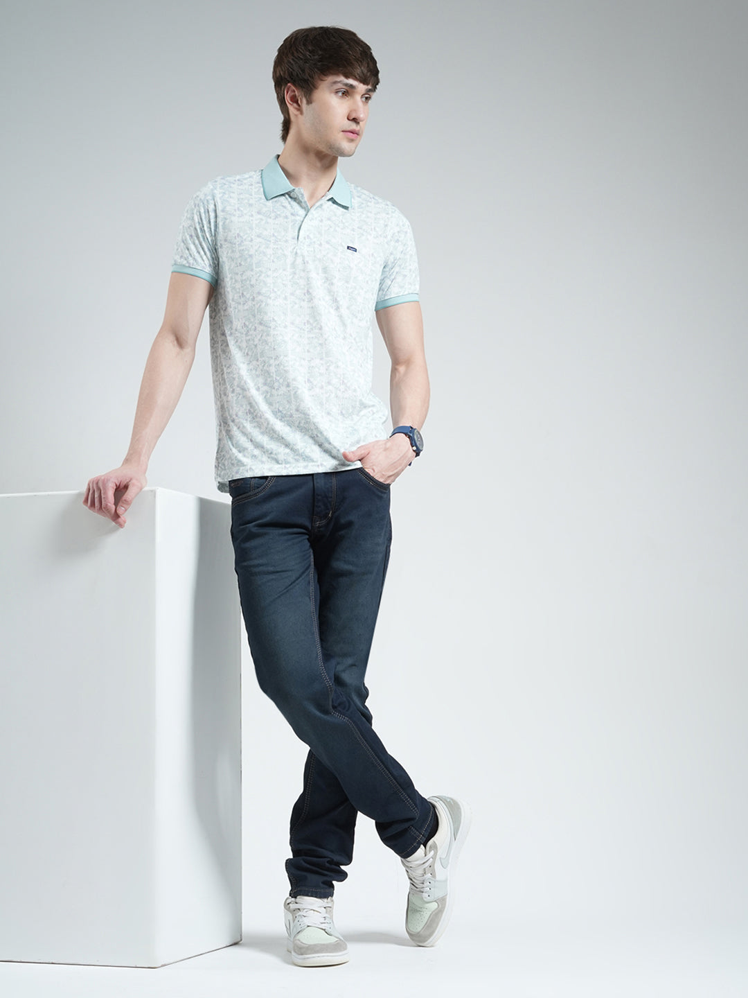 Men Blue Printed Collar Half Sleeve T-Shirt