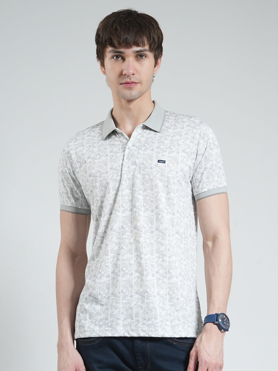 Men Grey Printed Collar Half Sleeve T-Shirt