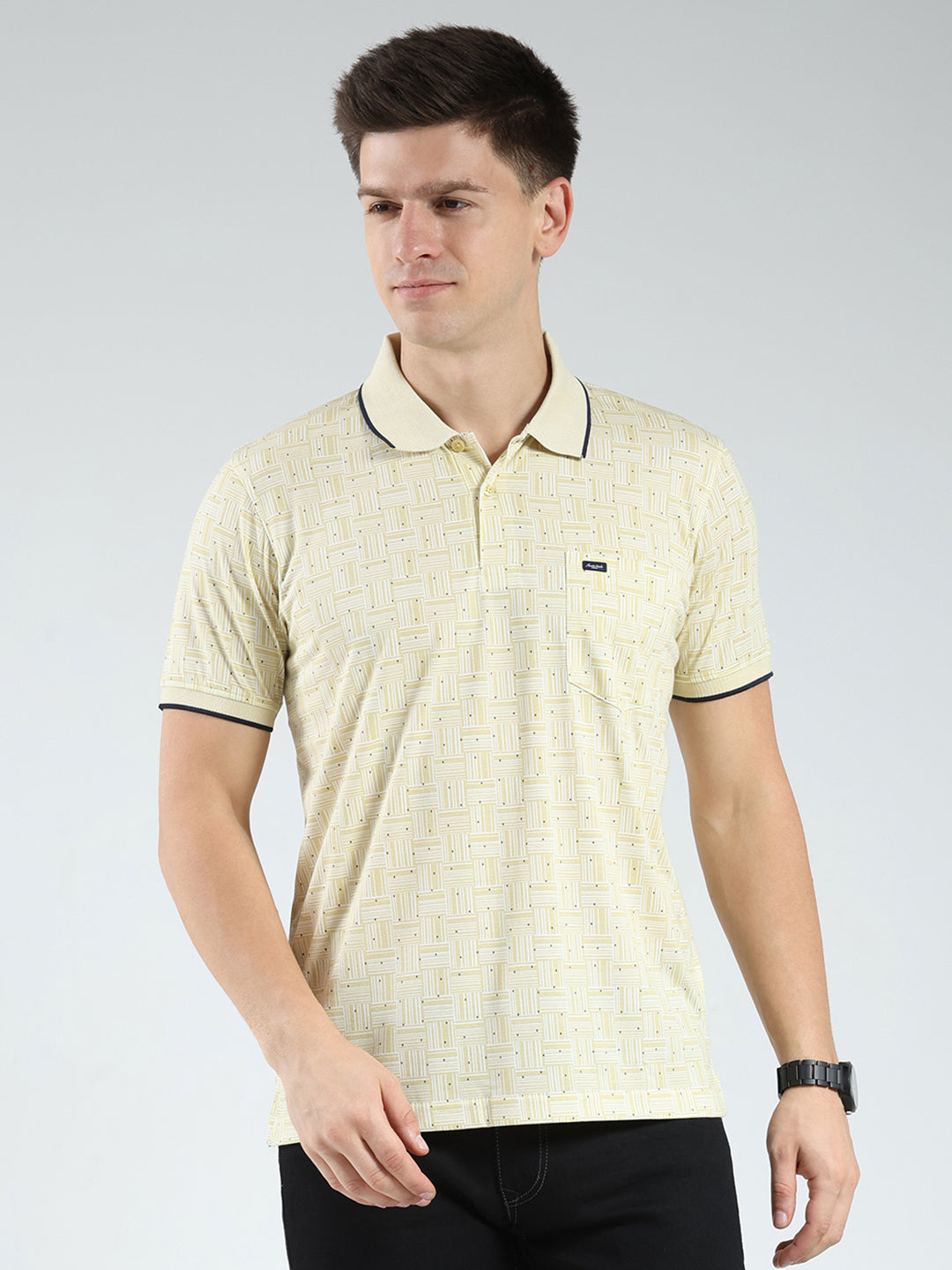 Men Yellow Printed Collar Half Sleeve T-Shirt