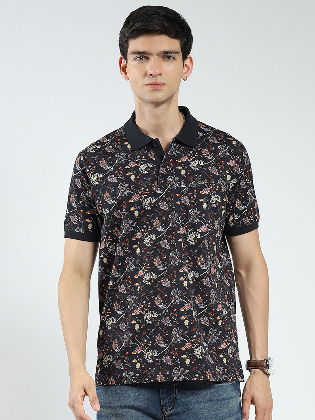 Men Black Printed Collar Half Sleeve T-Shirt