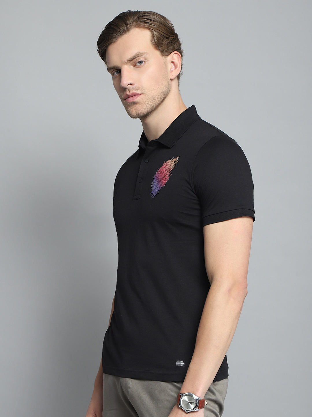 Men Black Printed Collar Half Sleeve T-Shirt