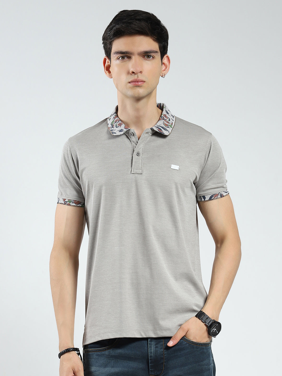 Men Grey Printed Collar Half Sleeve T-Shirt