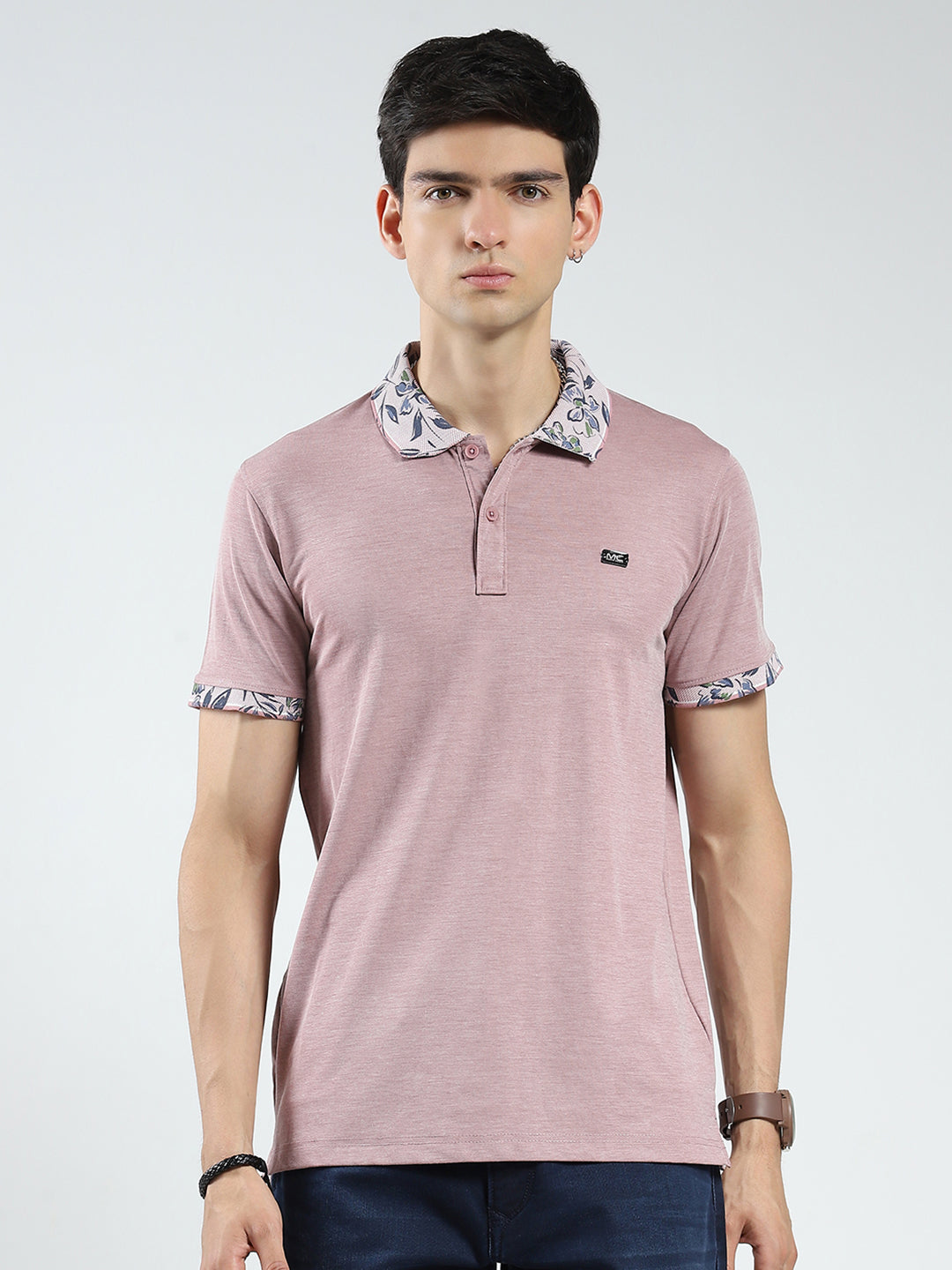 Men Pink Printed Collar Half Sleeve T-Shirt