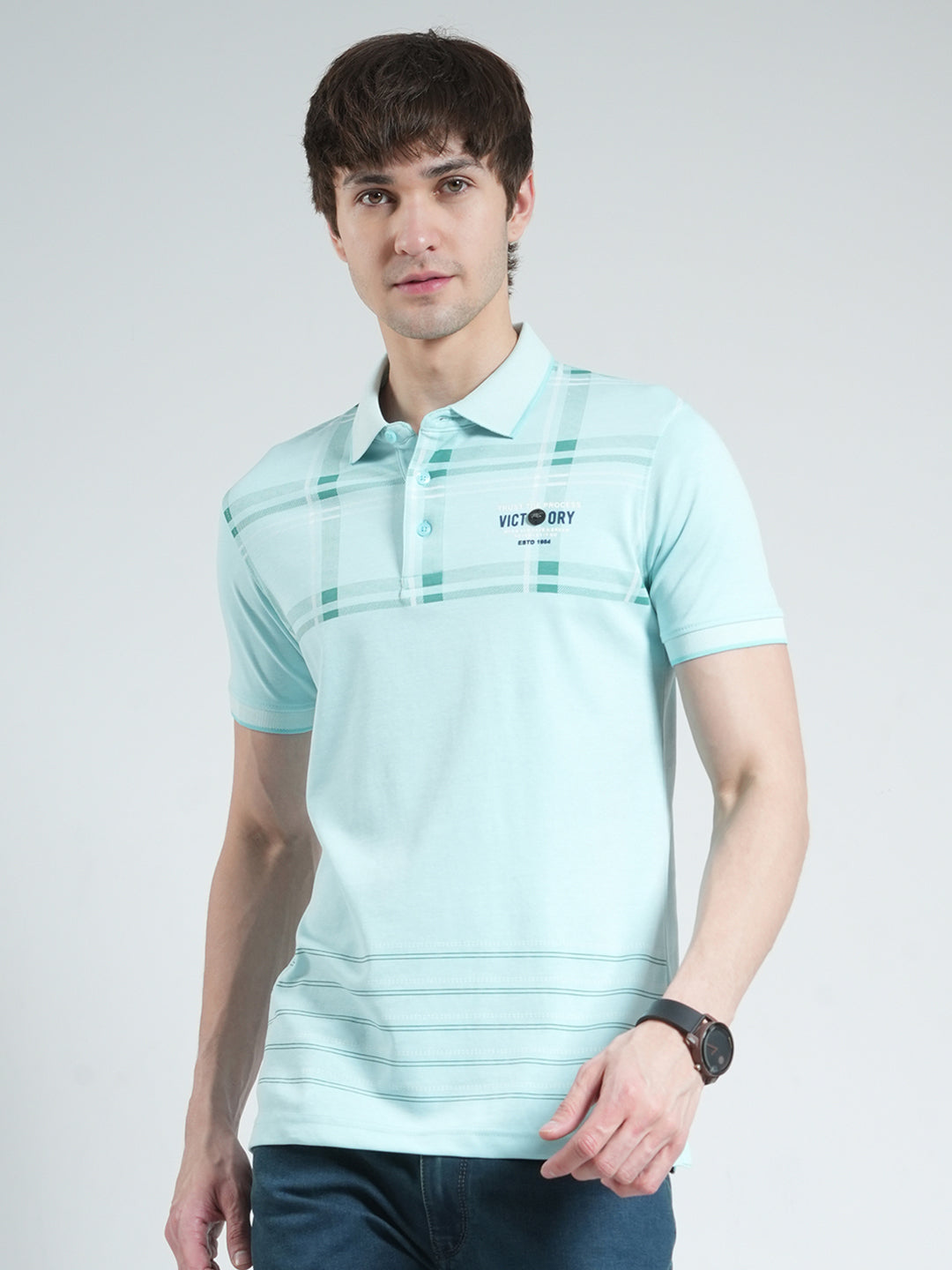 Men Blue Printed Collar Half Sleeve T-Shirt