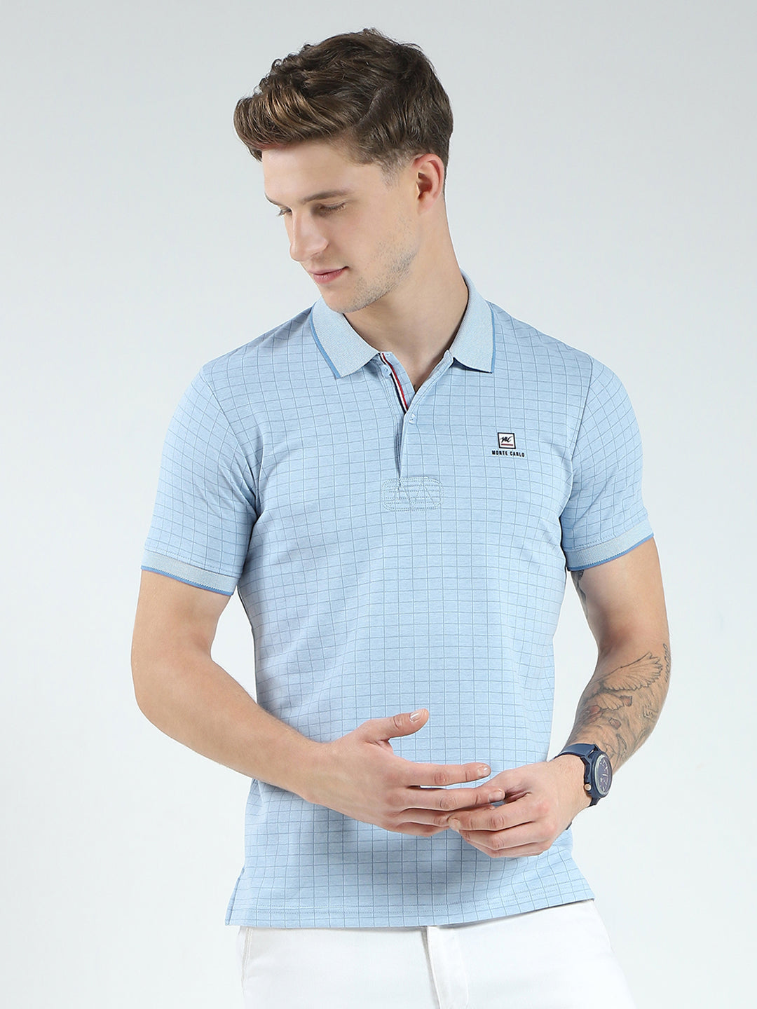 Men Blue Stripe Collar Half Sleeve T-Shirt
