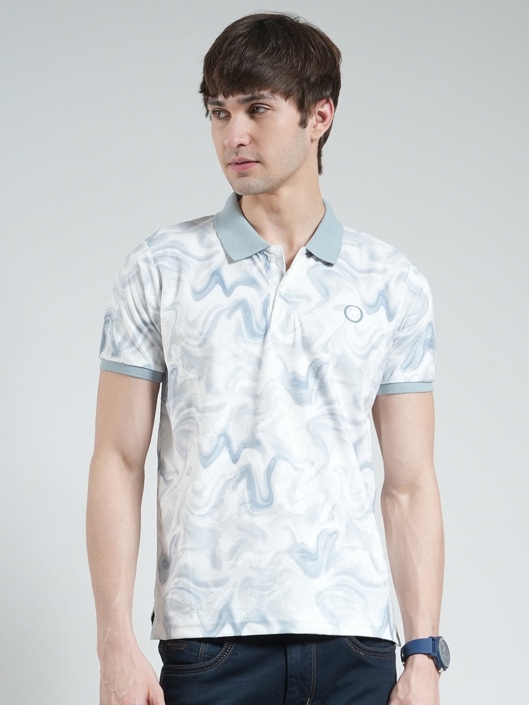 Men Blue Printed Collar Half Sleeve T-Shirt