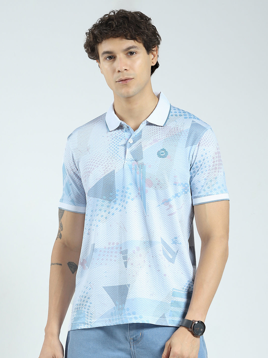 Men Blue Printed Collar Half Sleeve T-Shirt