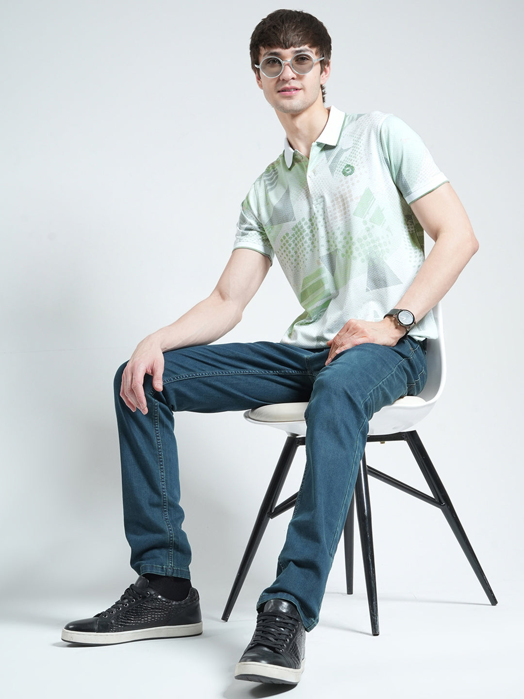 Men Green Printed Collar Half Sleeve T-Shirt
