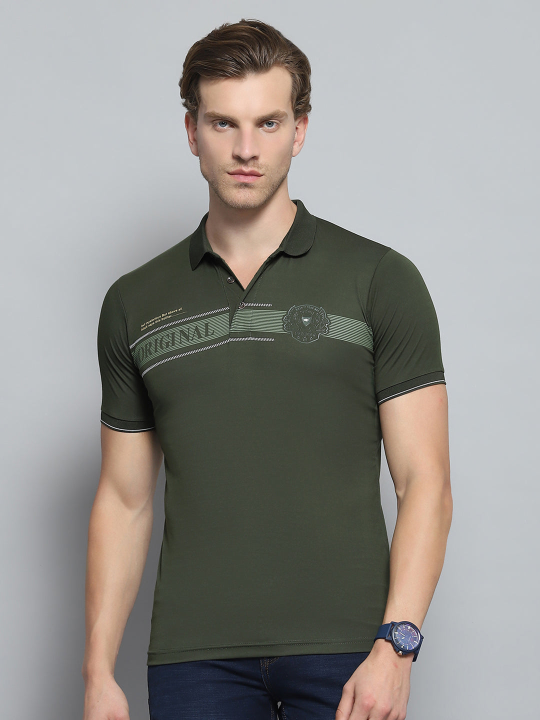 Men Olive Printed Collar Half Sleeve T-Shirt