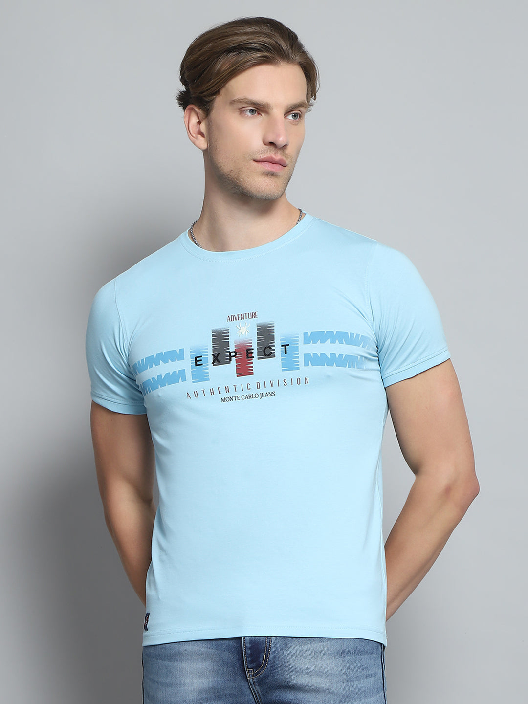 Men Blue Printed Round Neck Half Sleeve T-Shirt
