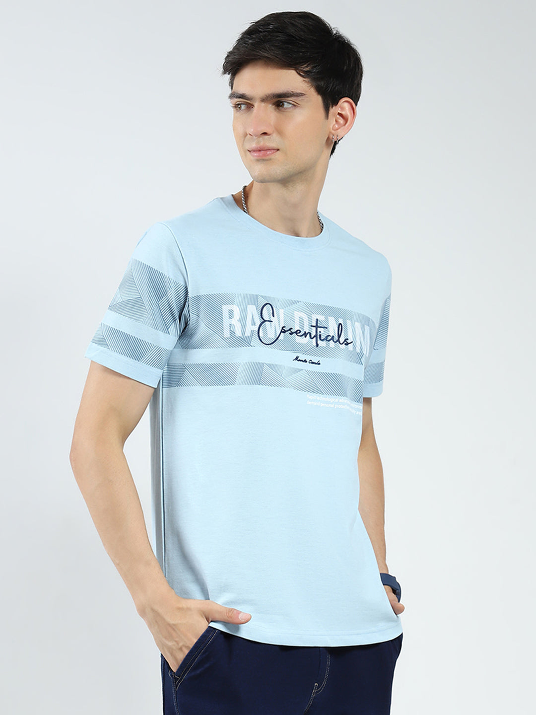 Men Blue Printed Round Neck Half Sleeve T-Shirt