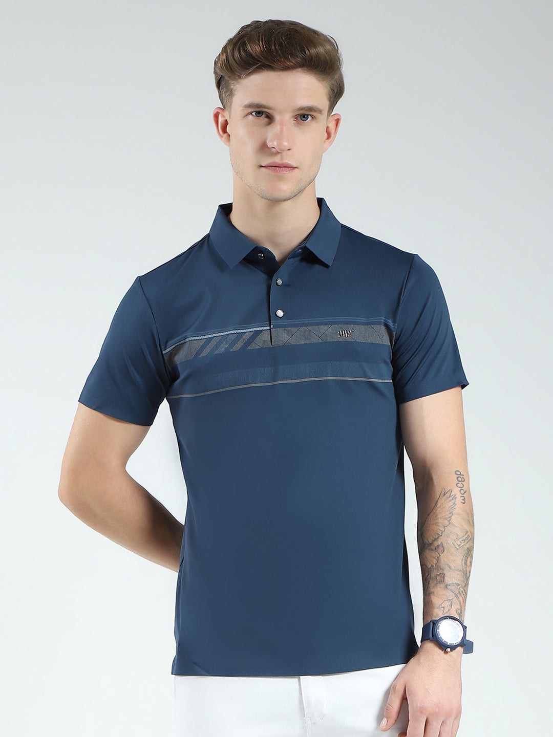 Men Blue Printed Collar Half Sleeve T-Shirt