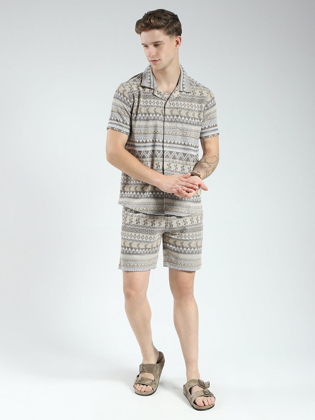 Men Brown Printed Collar Half Sleeve Bermuda Set