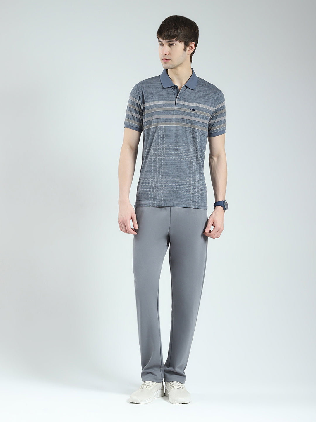 Men Grey Stripe Collar Half Sleeve Lower Set