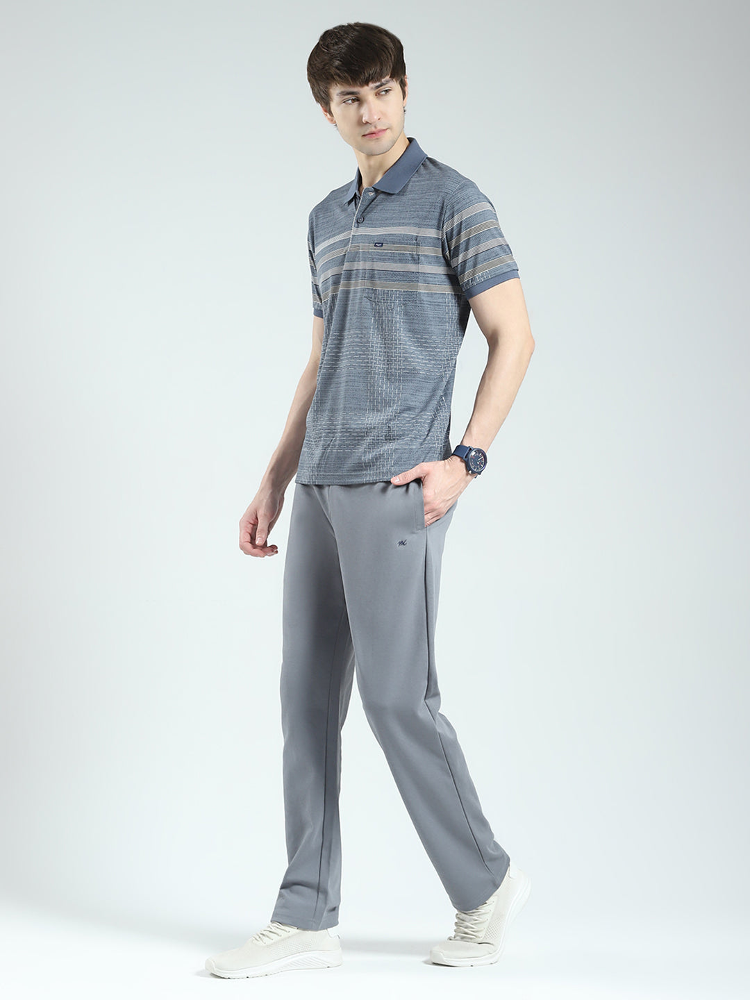 Men Grey Stripe Collar Half Sleeve Lower Set