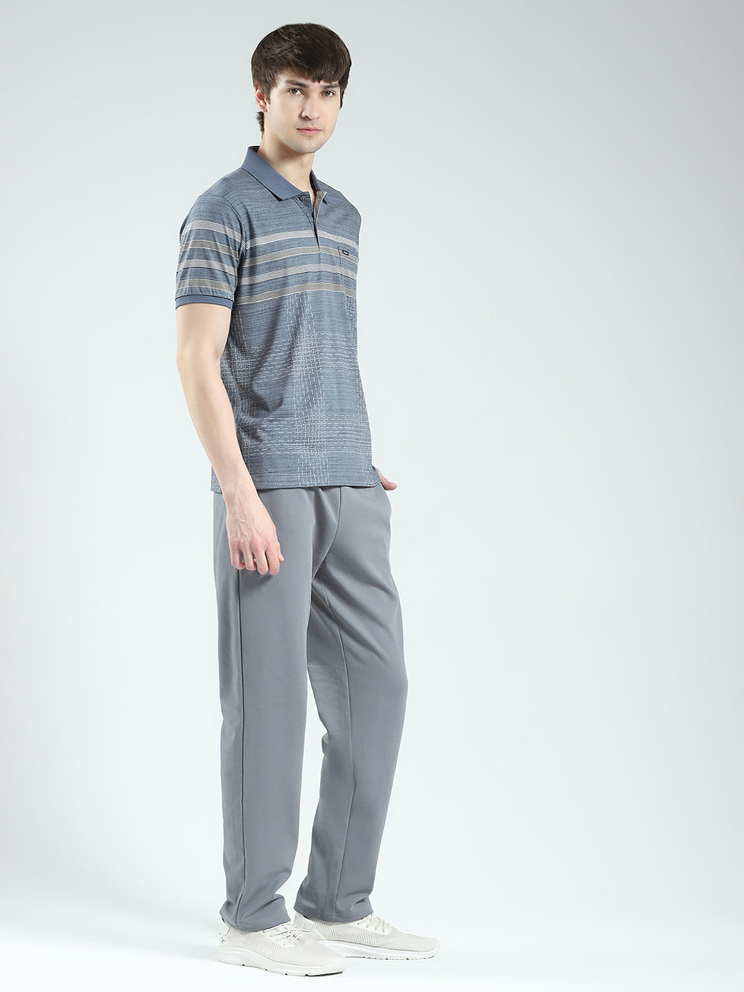 Men Grey Stripe Collar Half Sleeve Lower Set