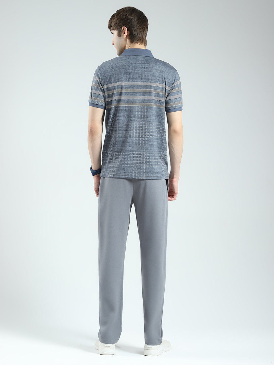 Men Grey Stripe Collar Half Sleeve Lower Set