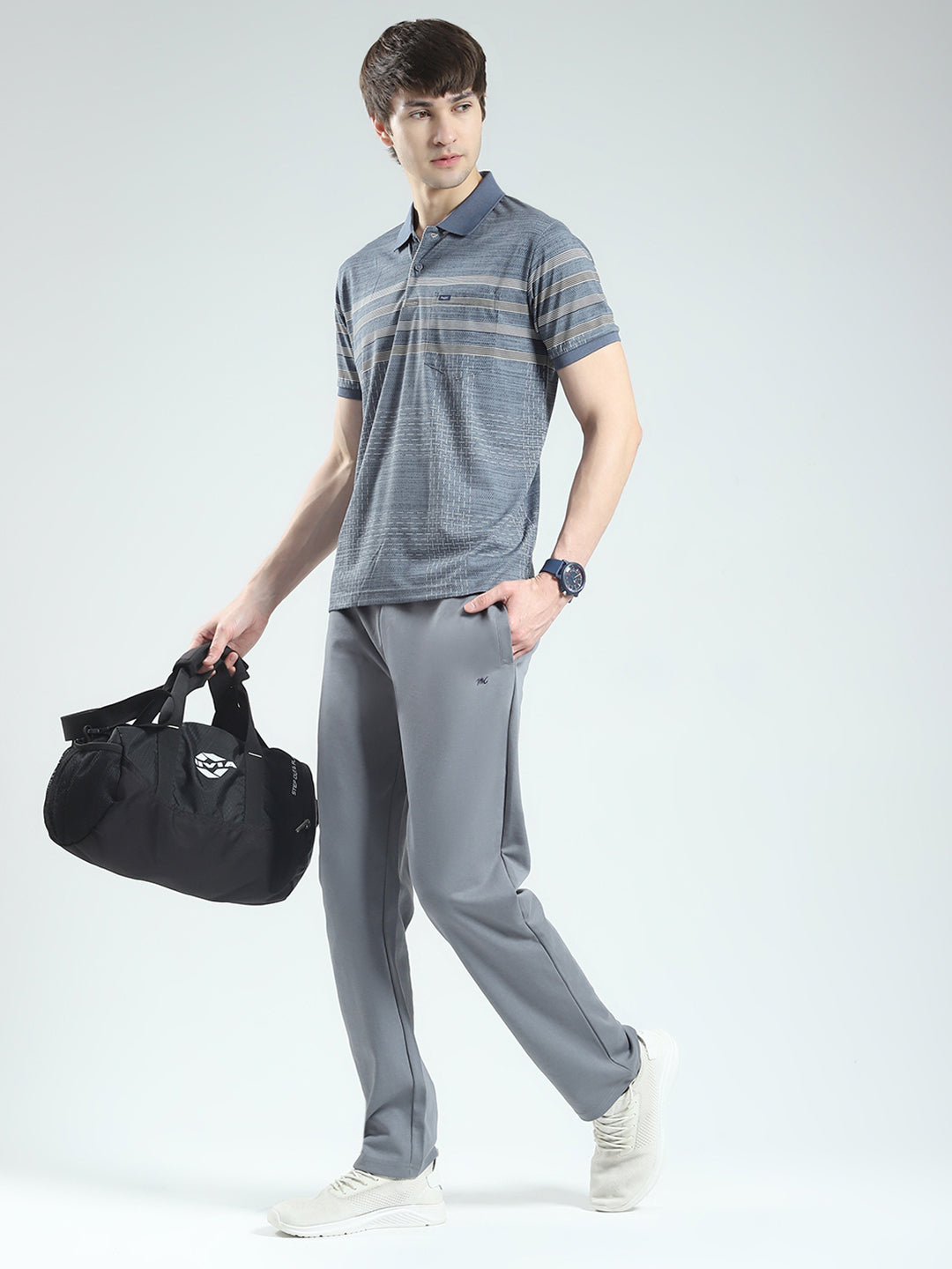 Men Grey Stripe Collar Half Sleeve Lower Set
