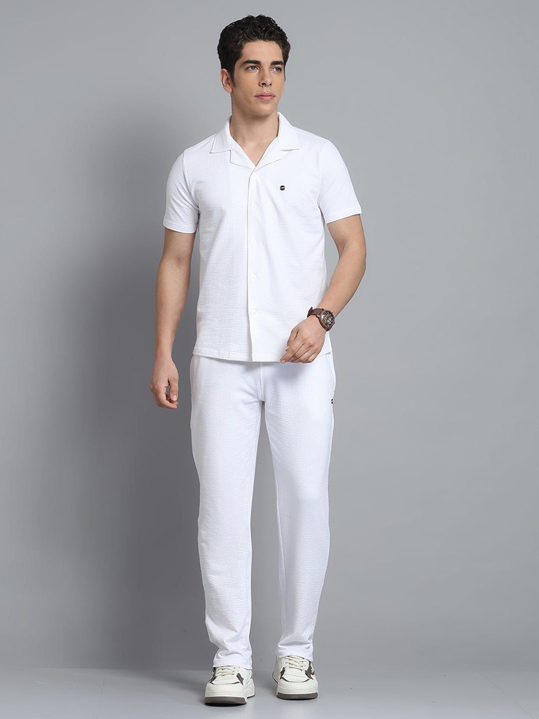 Men White Self Design Collar Half Sleeve Lower Set