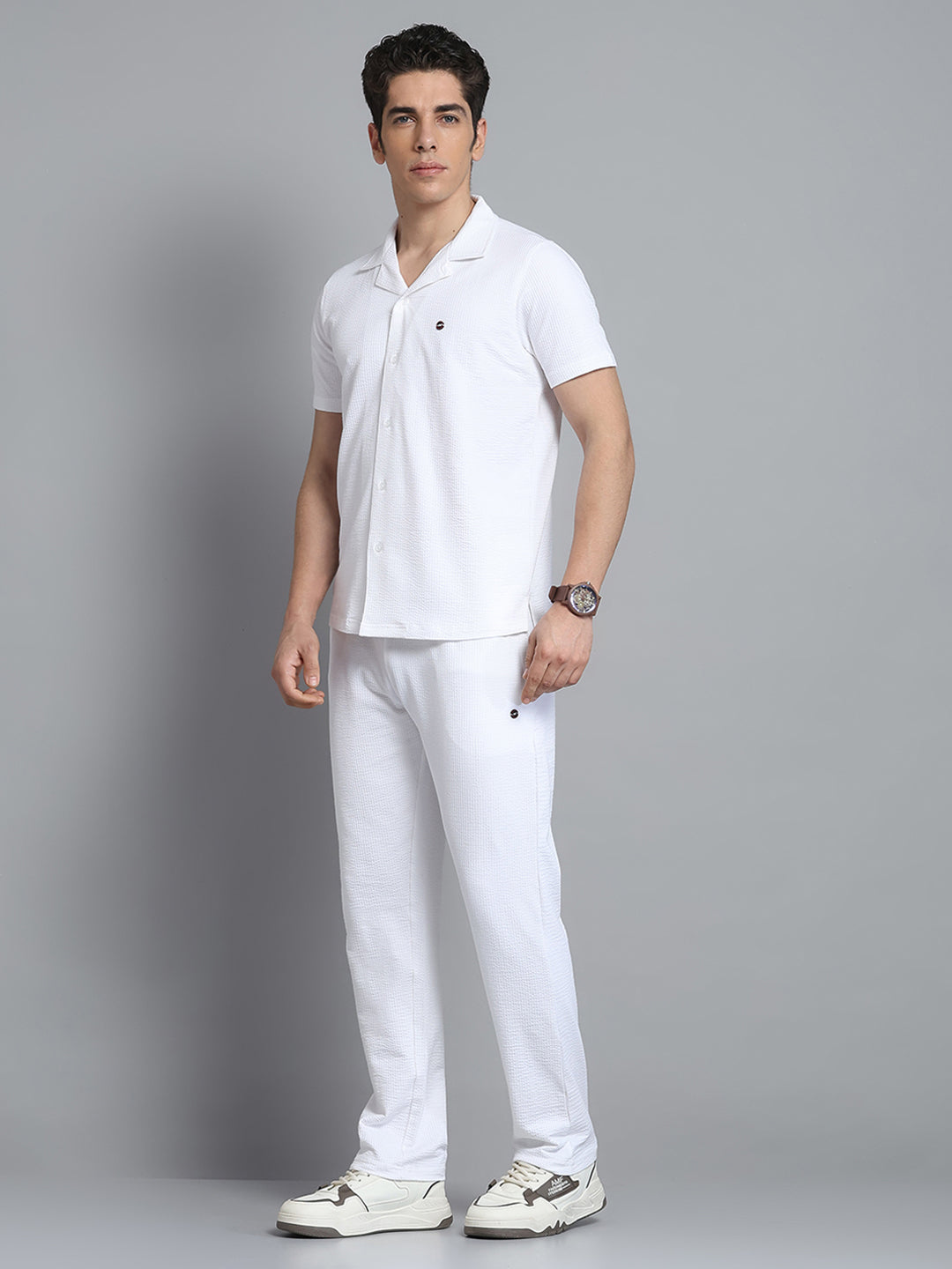 Men White Self Design Collar Half Sleeve Lower Set