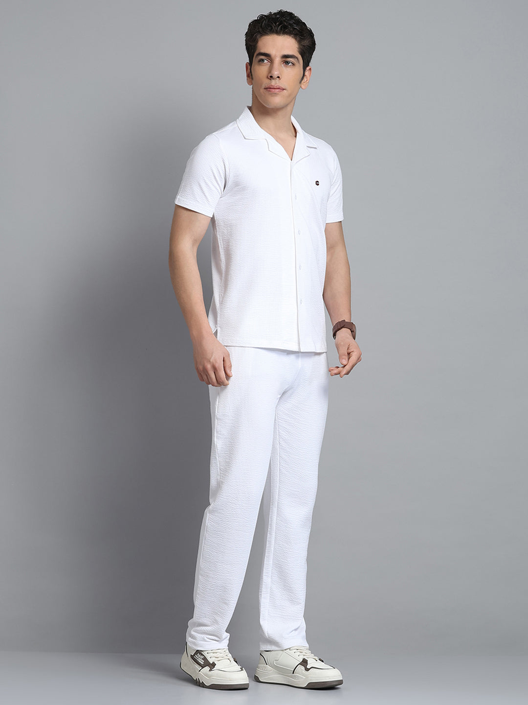 Men White Self Design Collar Half Sleeve Lower Set