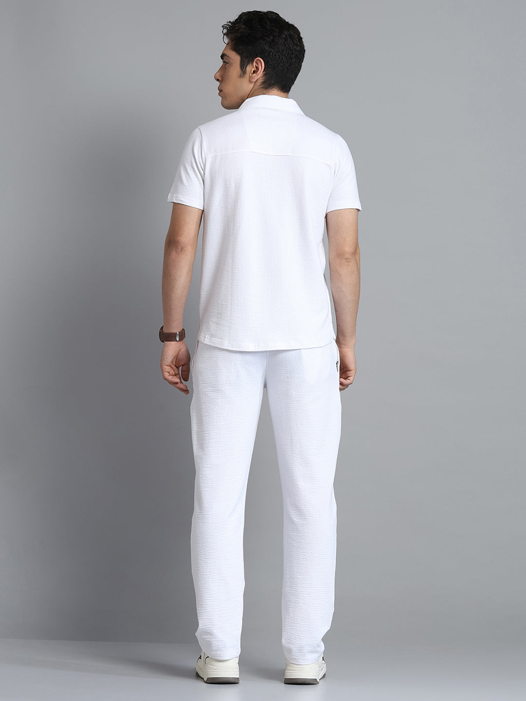 Men White Self Design Collar Half Sleeve Lower Set
