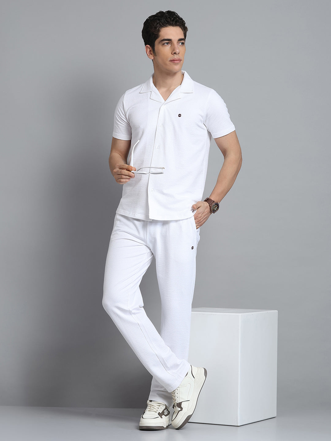 Men White Self Design Collar Half Sleeve Lower Set