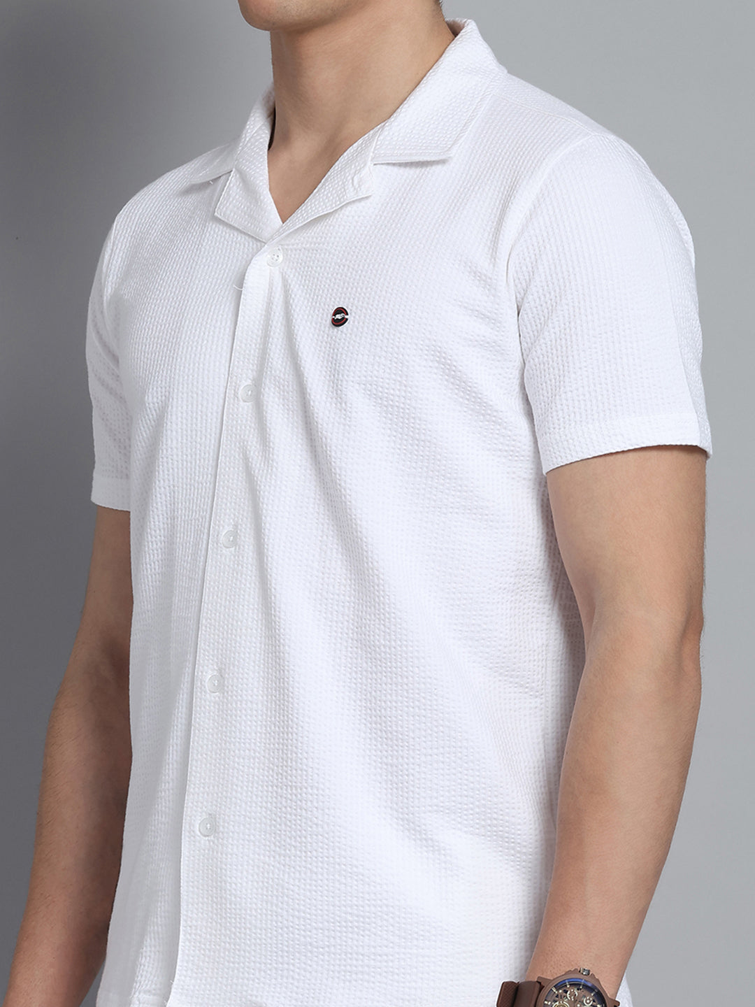 Men White Self Design Collar Half Sleeve Lower Set