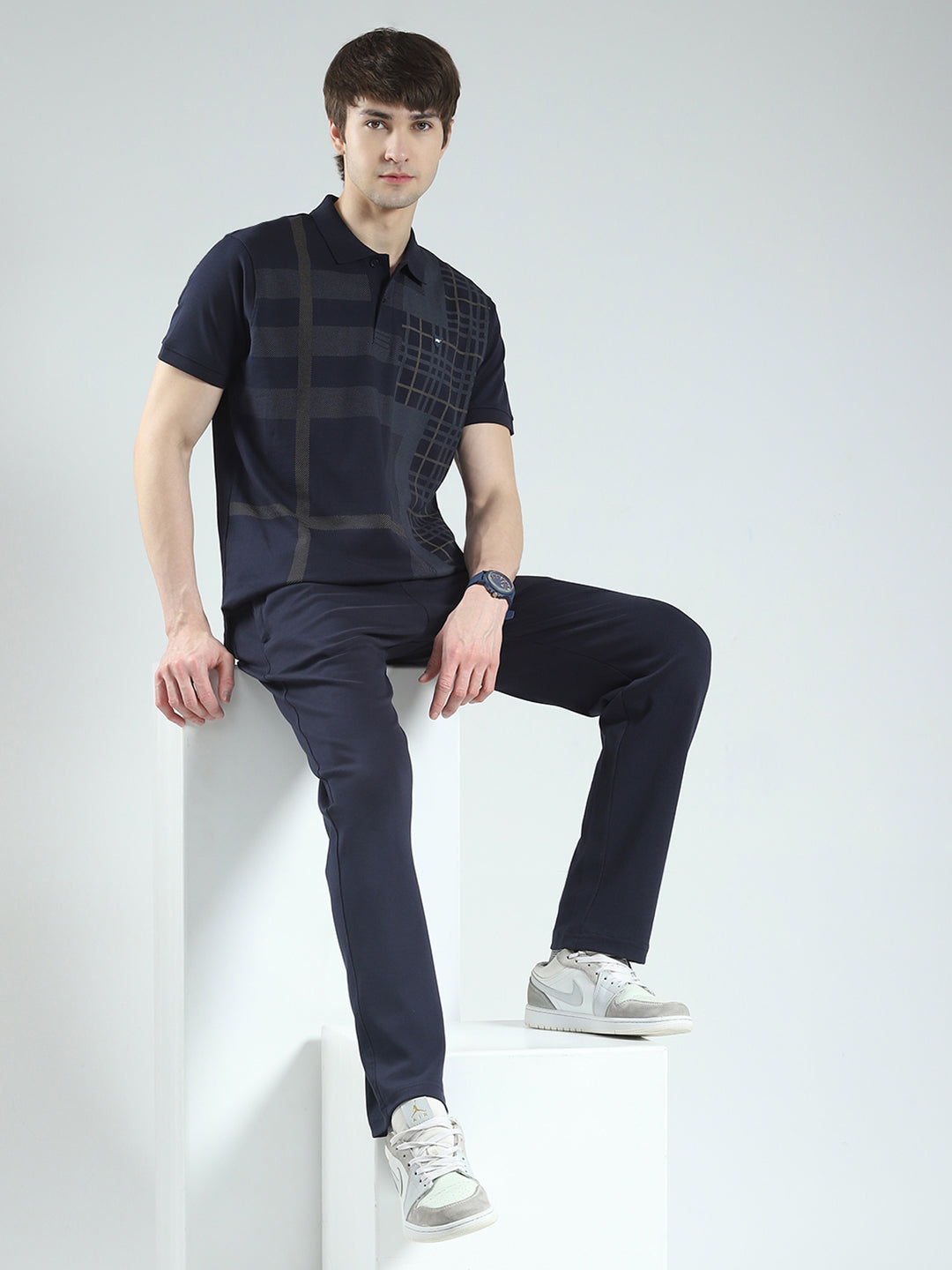 Men Navy Blue Printed Collar Half Sleeve Combo Set