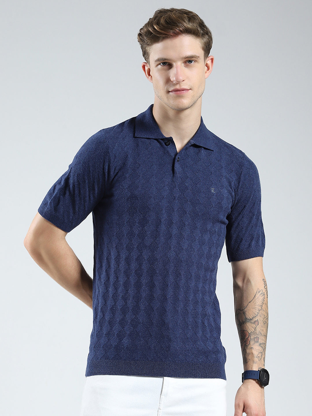 Luxuria Men Navy Blue Self Design Collar Half Sleeve T-Shirt