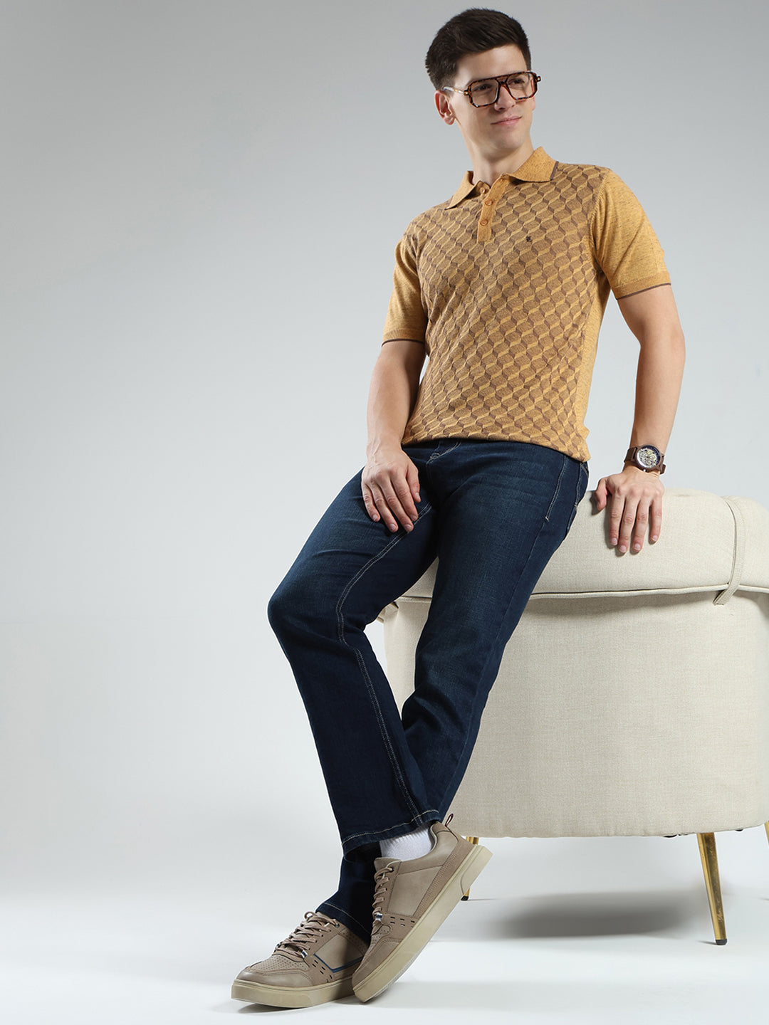Luxuria Men Mustard Printed Collar Half Sleeve T-Shirt
