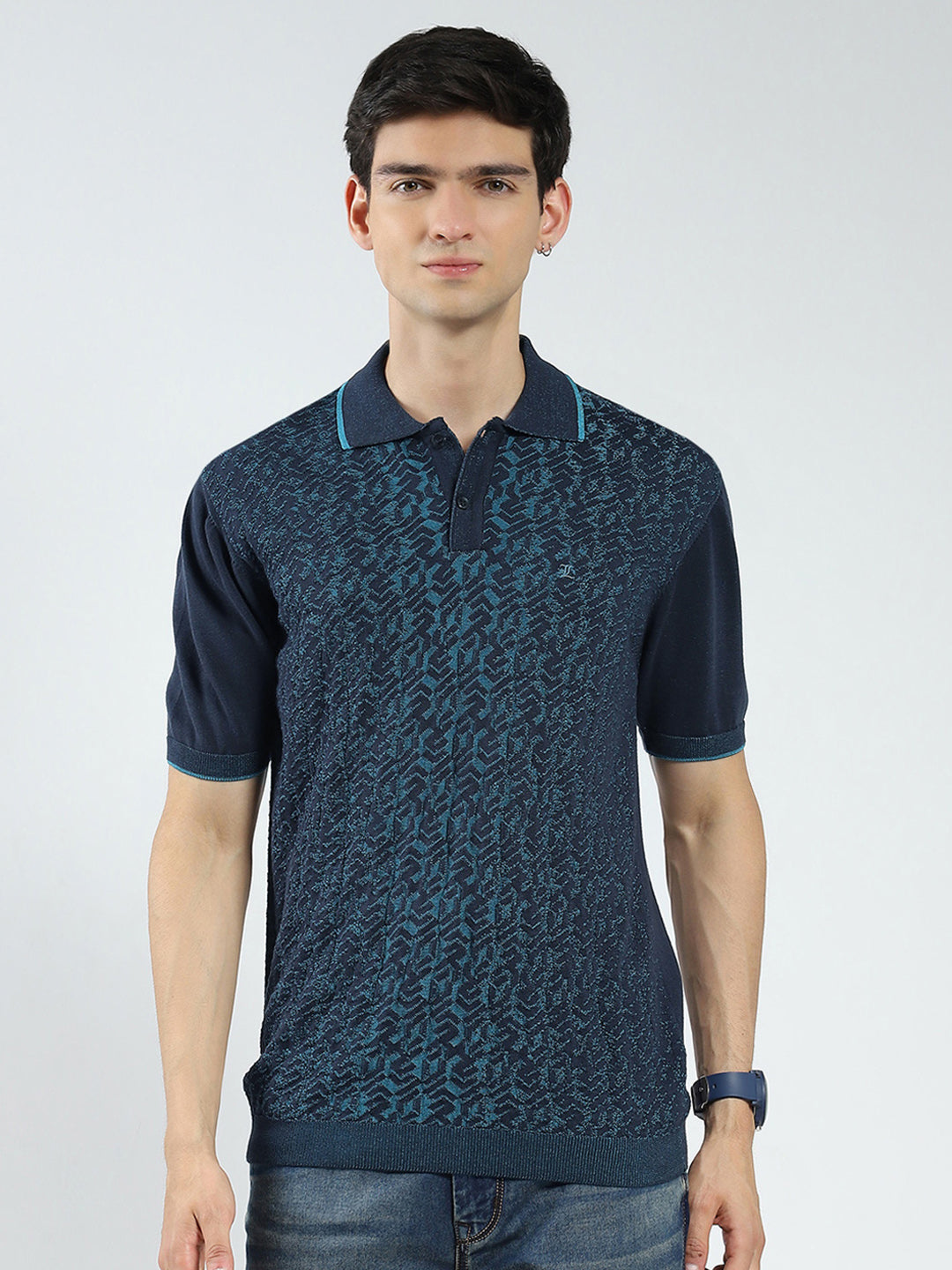 Men Navy Blue Self Design Collar Half Sleeve T-Shirt