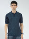 Men Navy Blue Self Design Collar Half Sleeve T-Shirt