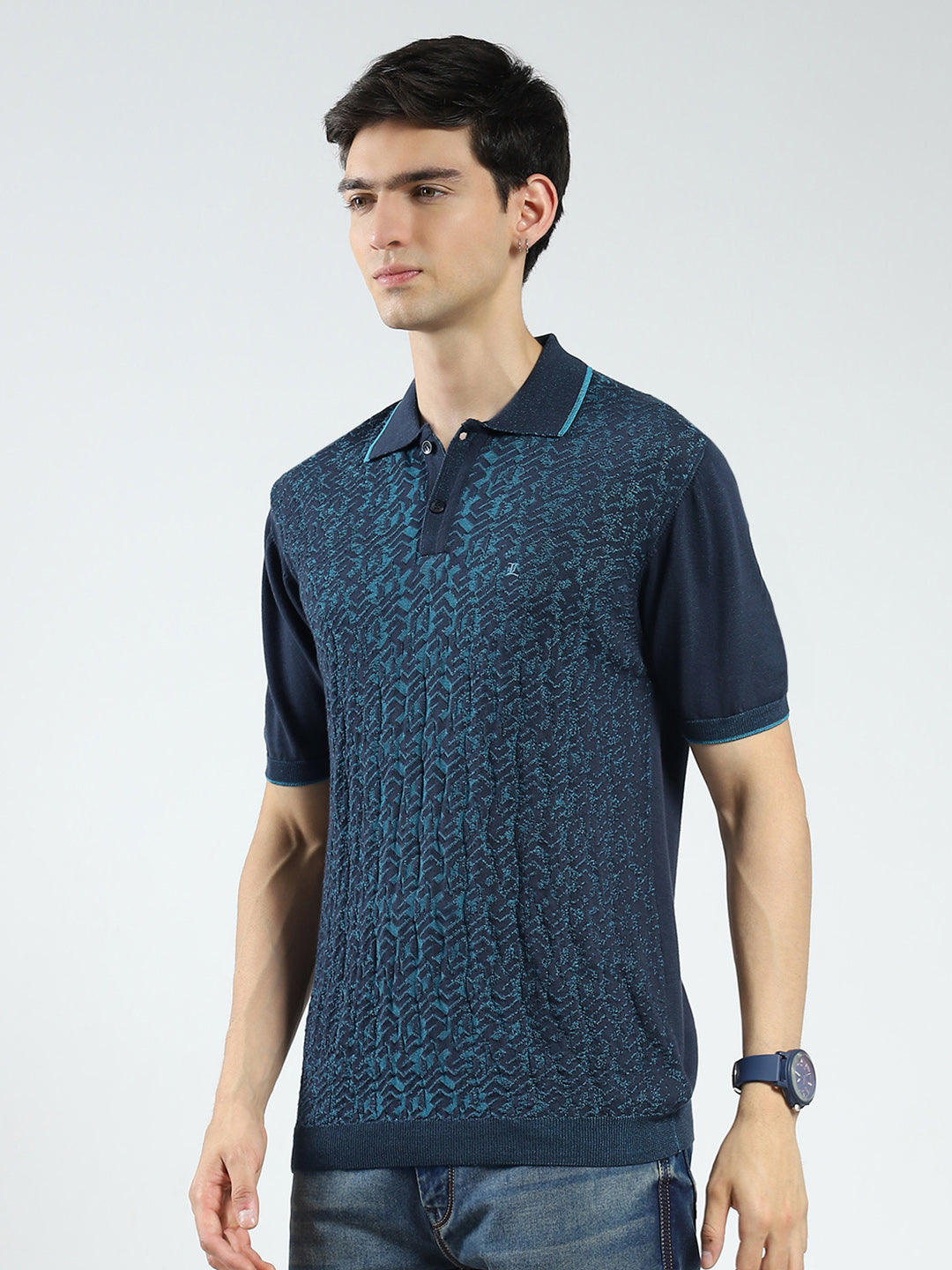 Men Navy Blue Self Design Collar Half Sleeve T-Shirt
