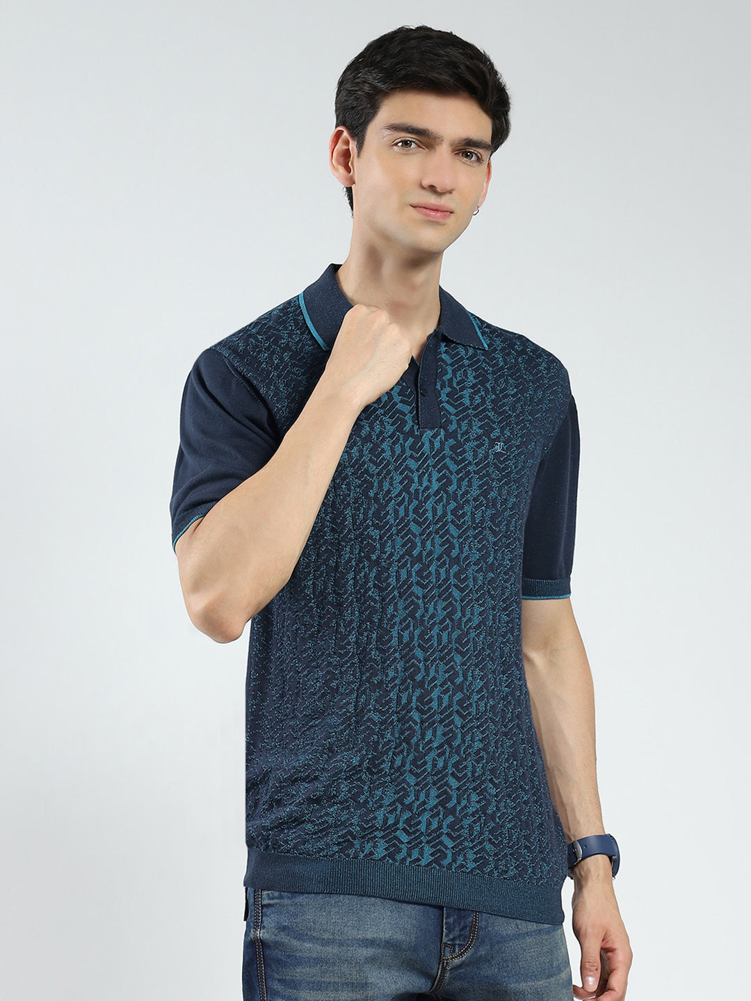 Men Navy Blue Self Design Collar Half Sleeve T-Shirt