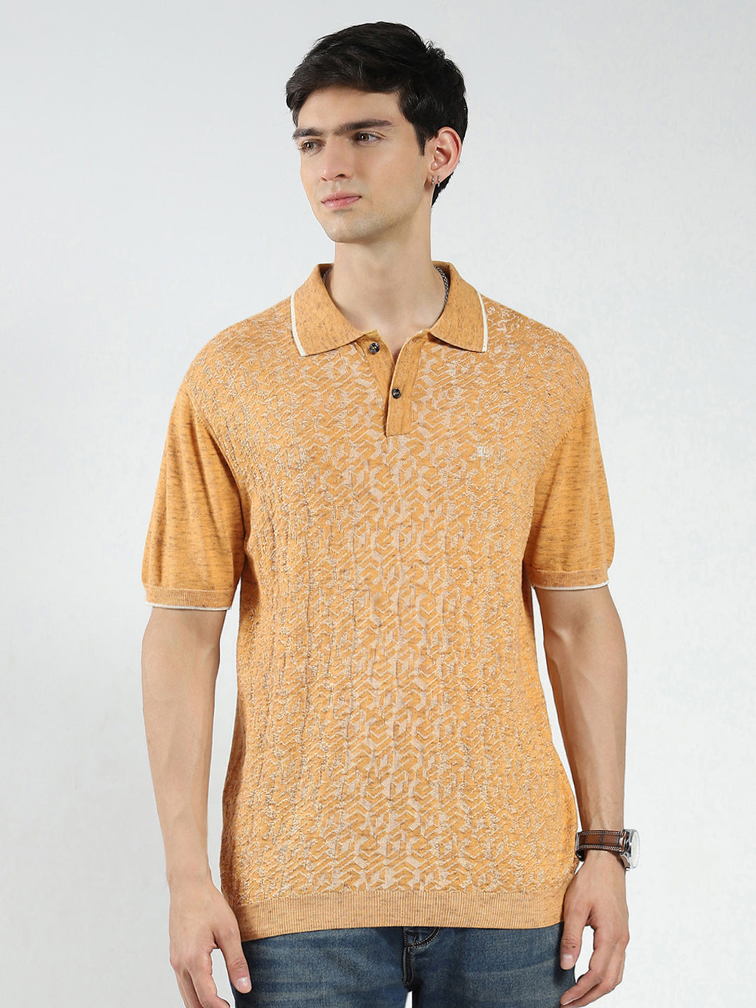 Men Mustard Self Design Collar Half Sleeve T-Shirt