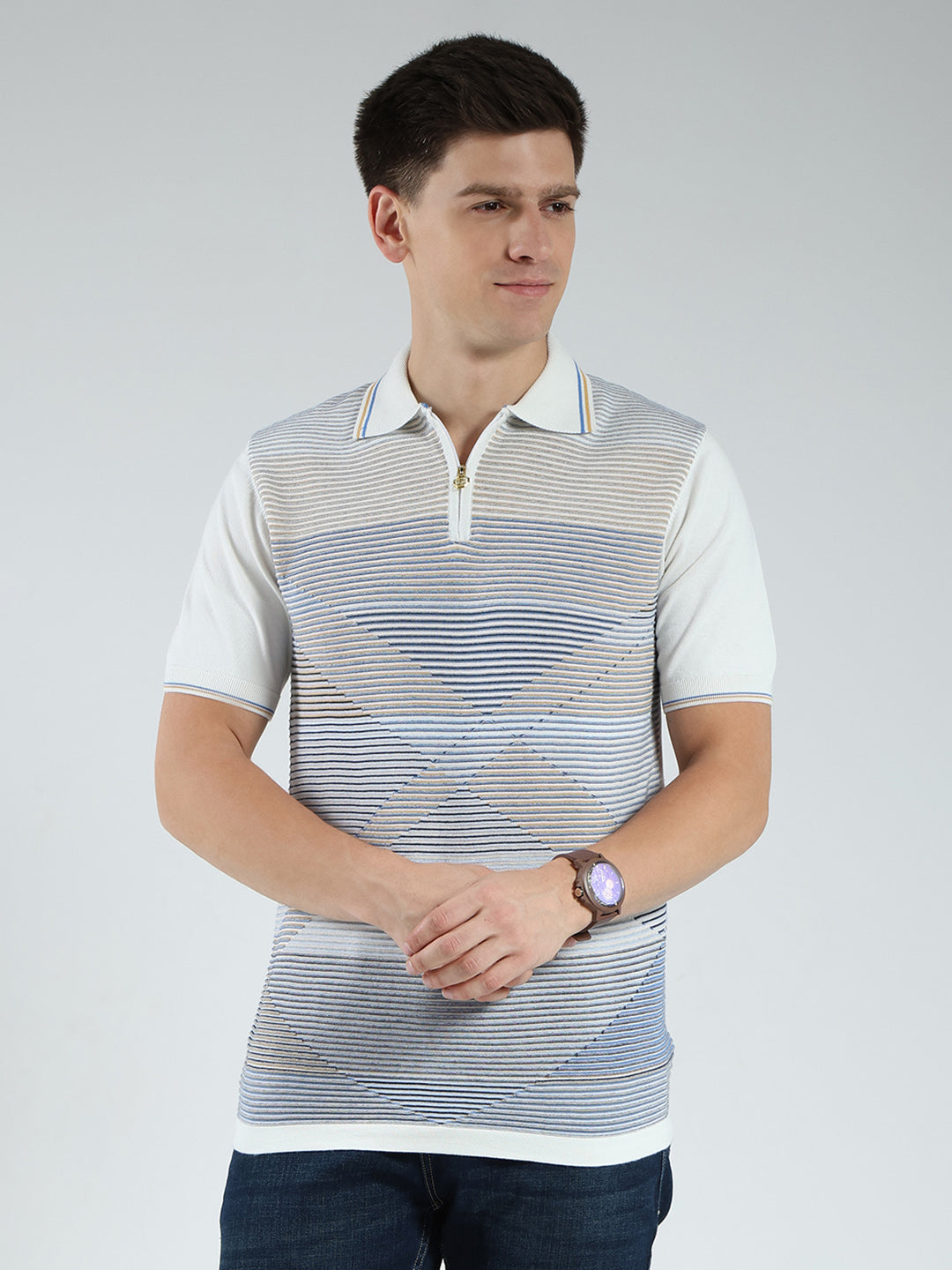Luxuria Men White Stripe Collar Half Sleeve T-Shirt
