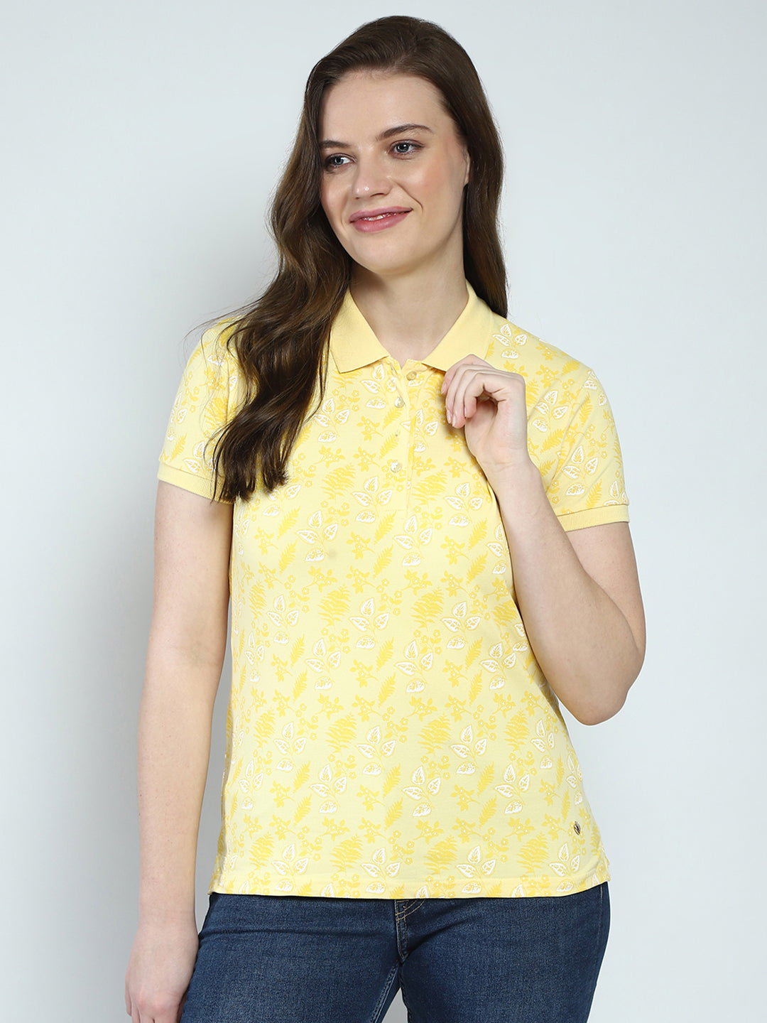 Women Yellow Printed Collar Half Sleeve T-Shirt