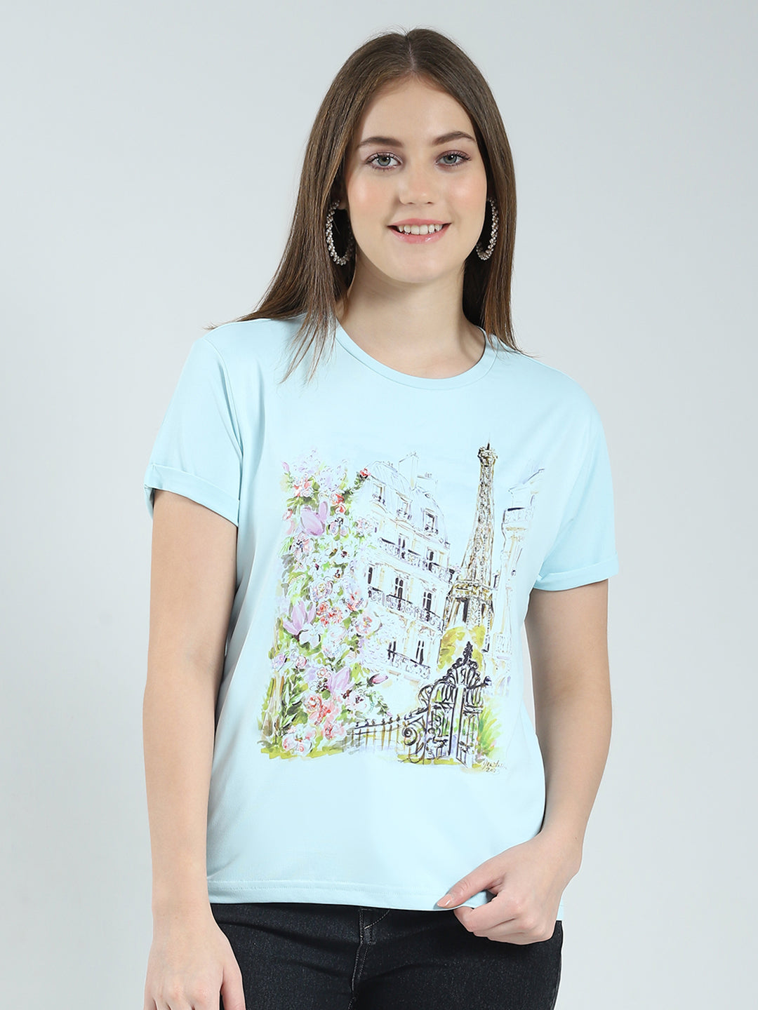 Women Blue Printed Round Neck Half Sleeve Top