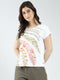 Women Off White Printed Round Neck Half Sleeve Top