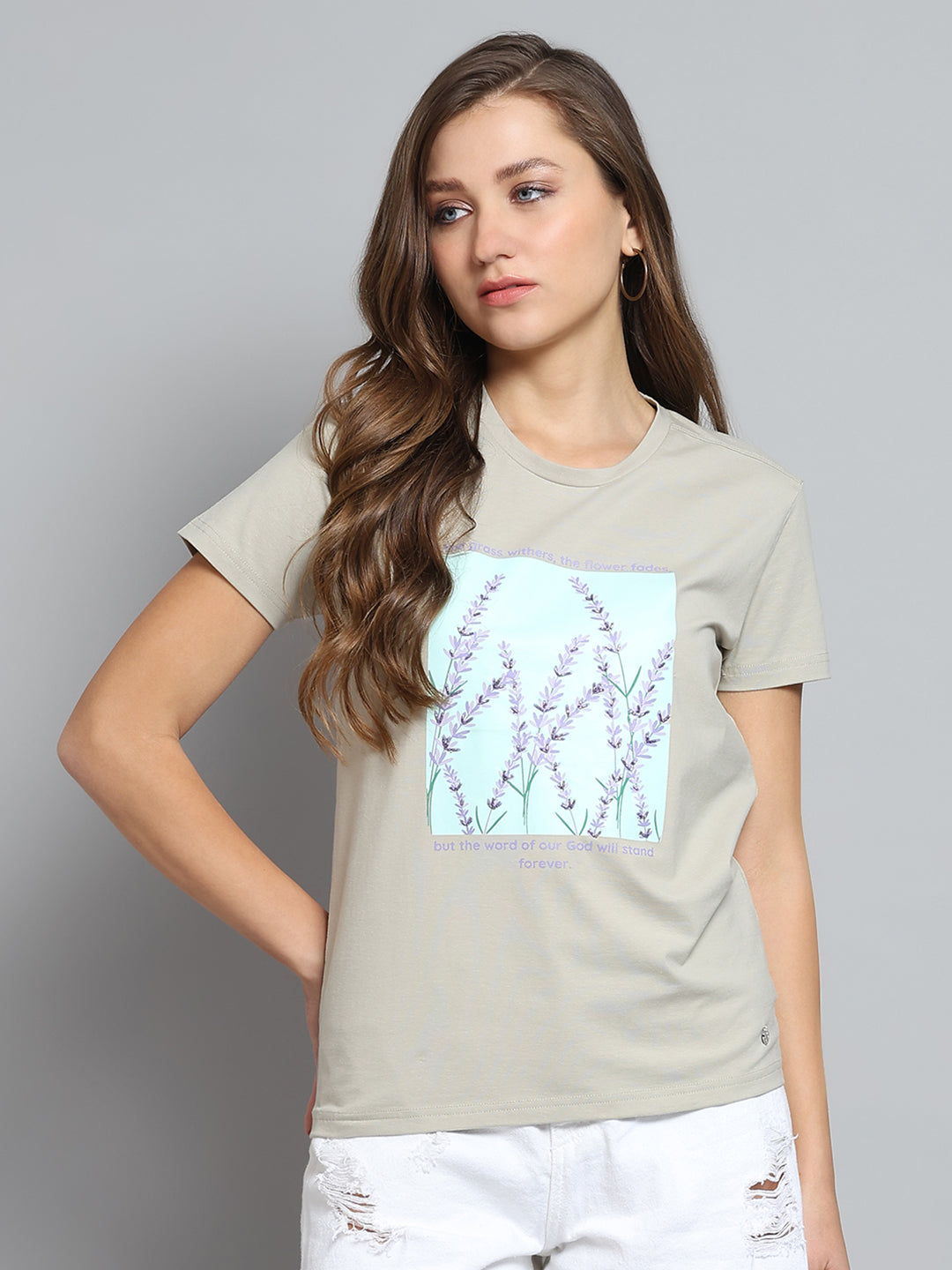 Women Grey Printed Round Neck Half Sleeve Top