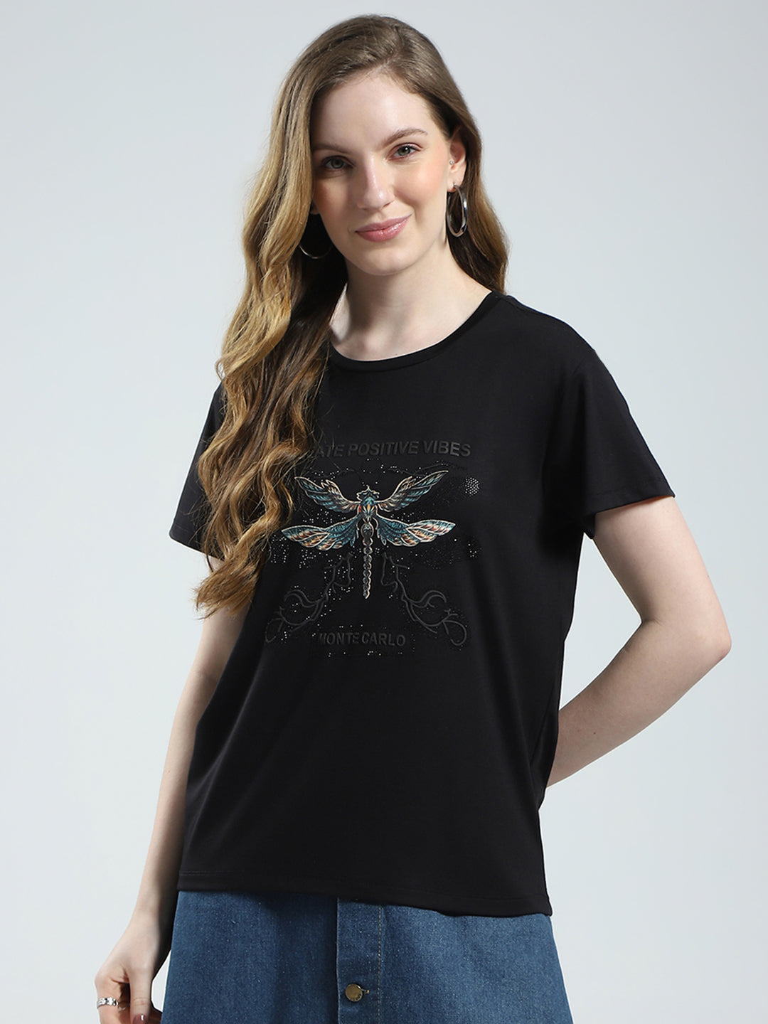 Women Black Printed Round Neck Half Sleeve Top