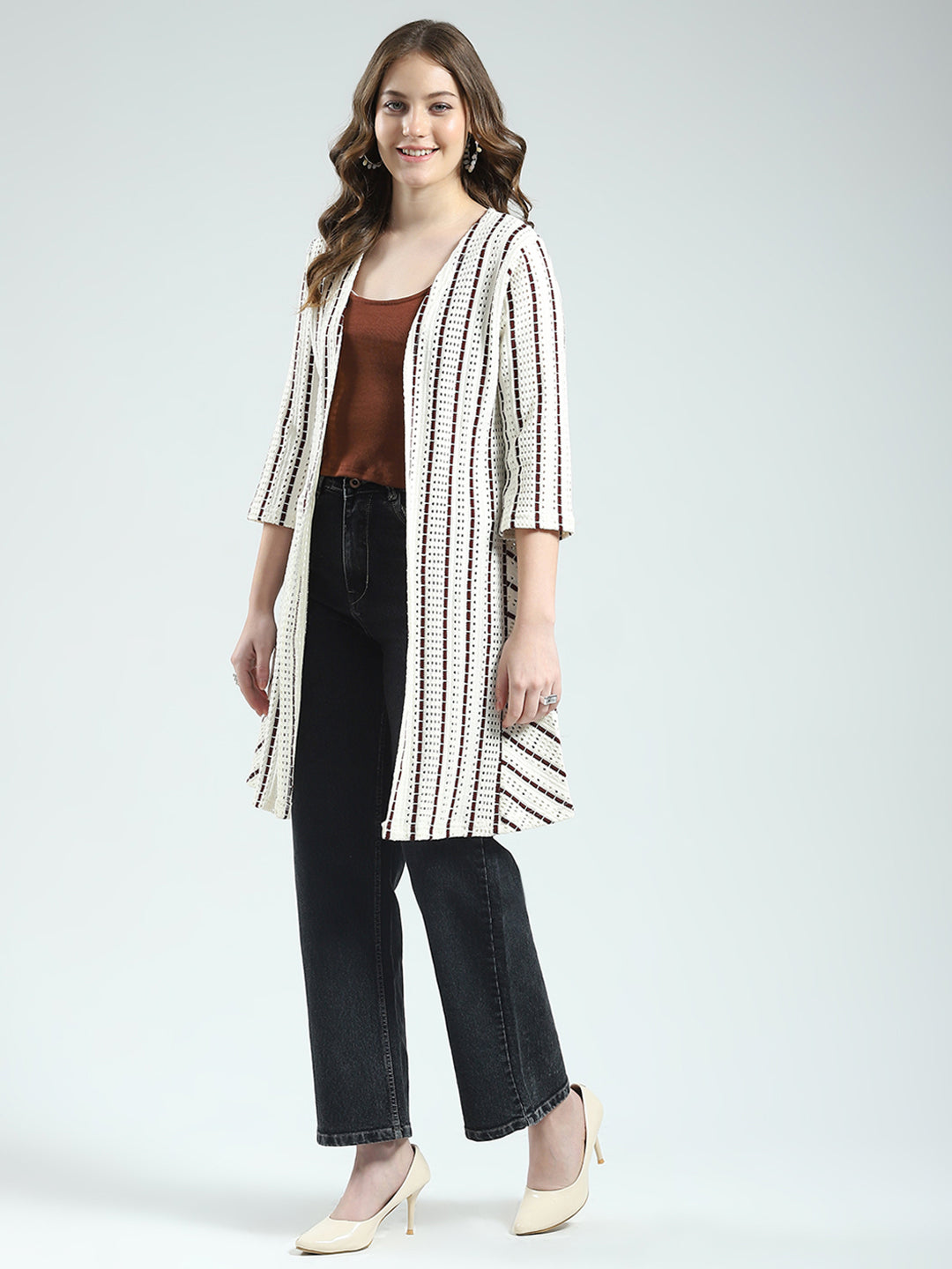 Women Off White Self Design Front Open 3/4th Sleeve Shrug