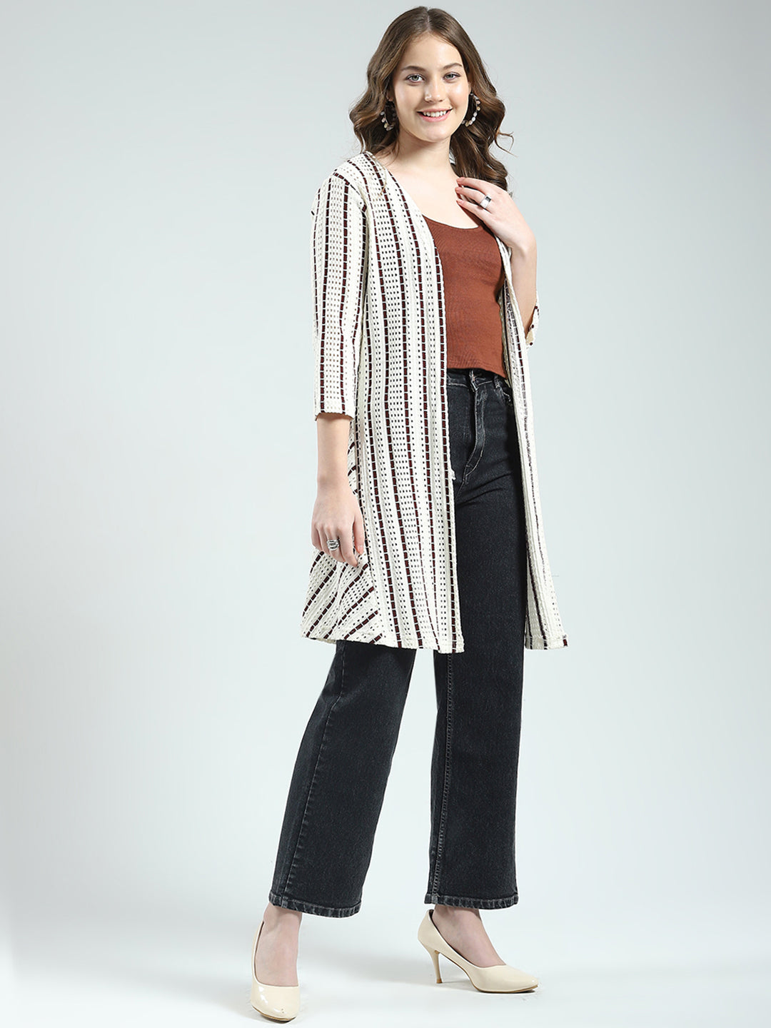 Women Off White Self Design Front Open 3/4th Sleeve Shrug