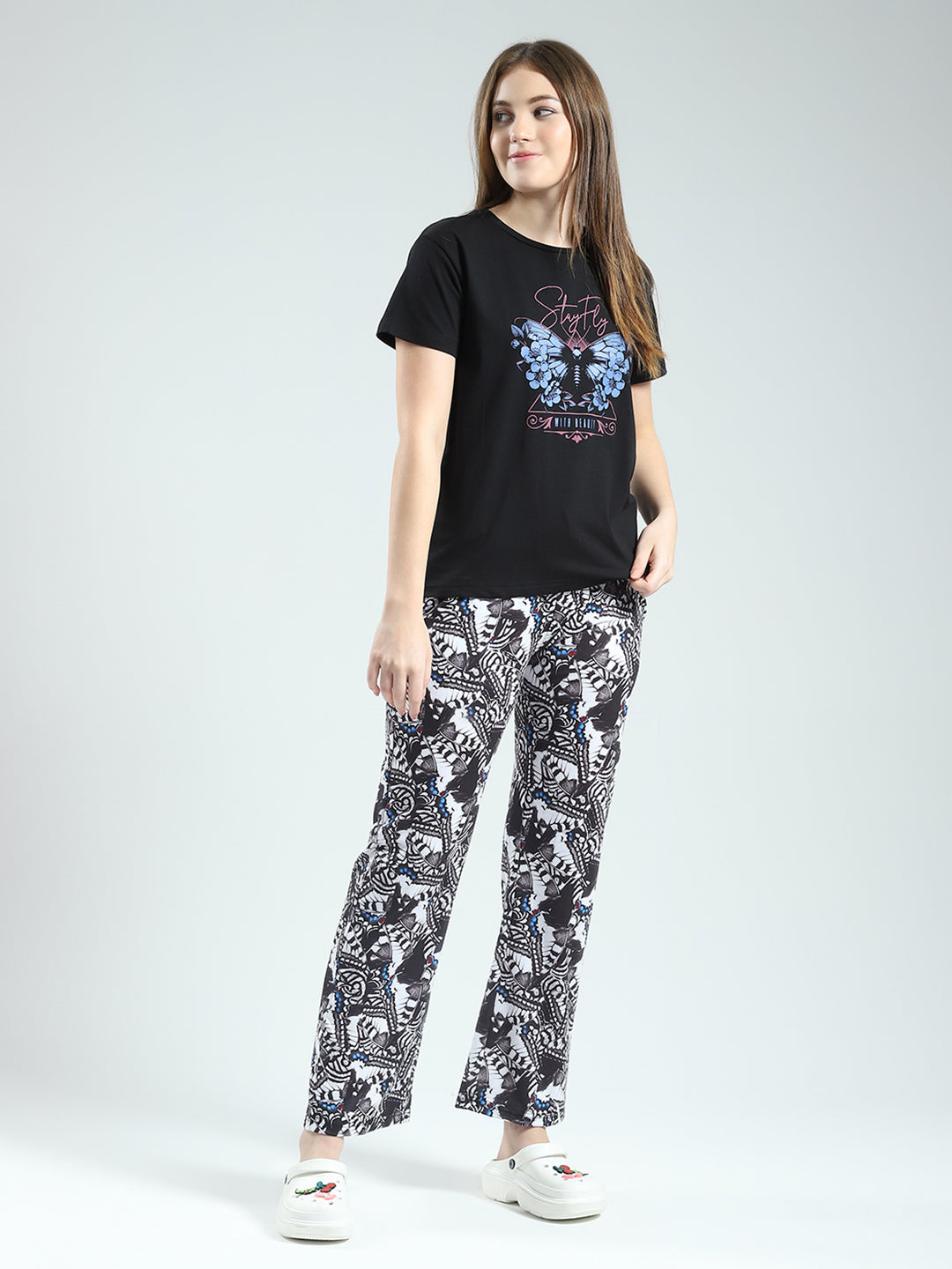 Women Black Printed Round Neck Half Sleeve Lower Set