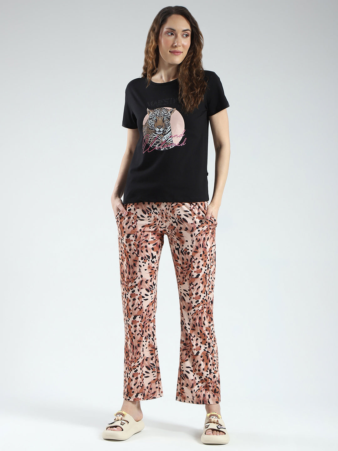 Women Black & Brown Printed Round Neck Half Sleeve Lower Set