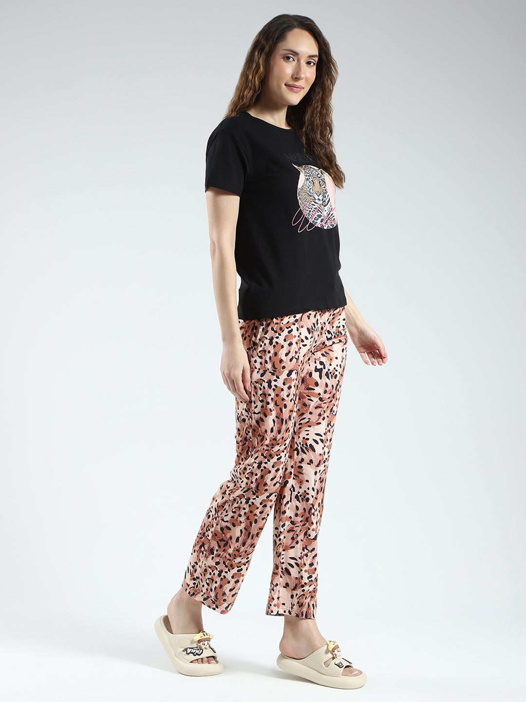 Women Black & Brown Printed Round Neck Half Sleeve Lower Set