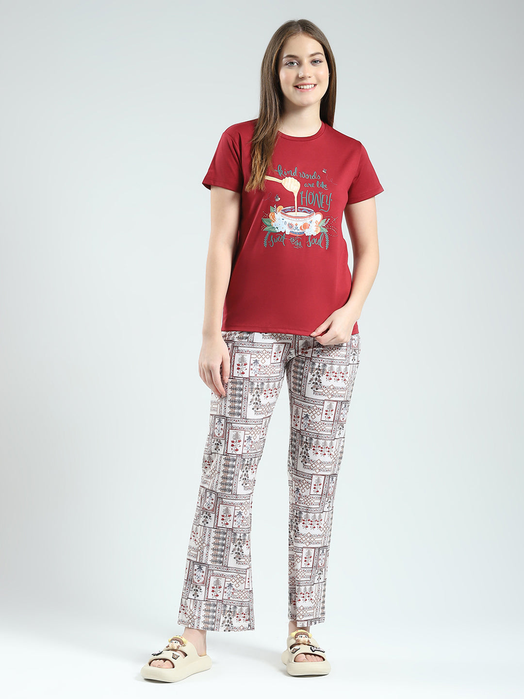Women Maroon Printed Round Neck Half Sleeve Lower Set