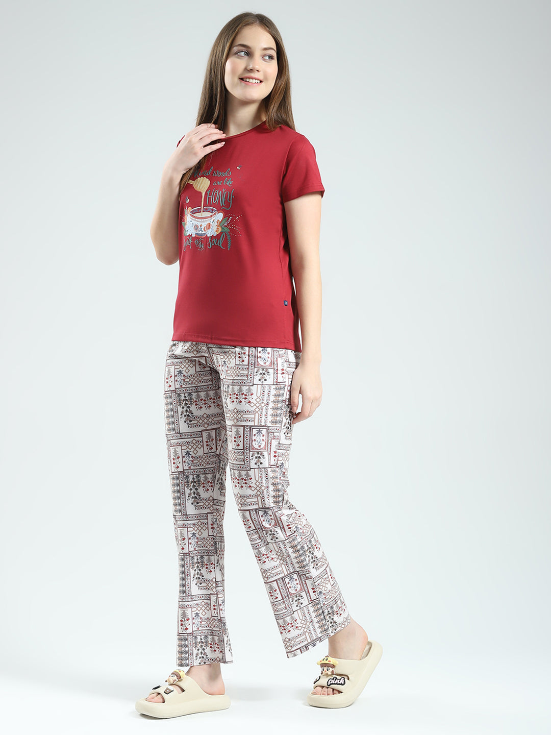 Women Maroon Printed Round Neck Half Sleeve Lower Set