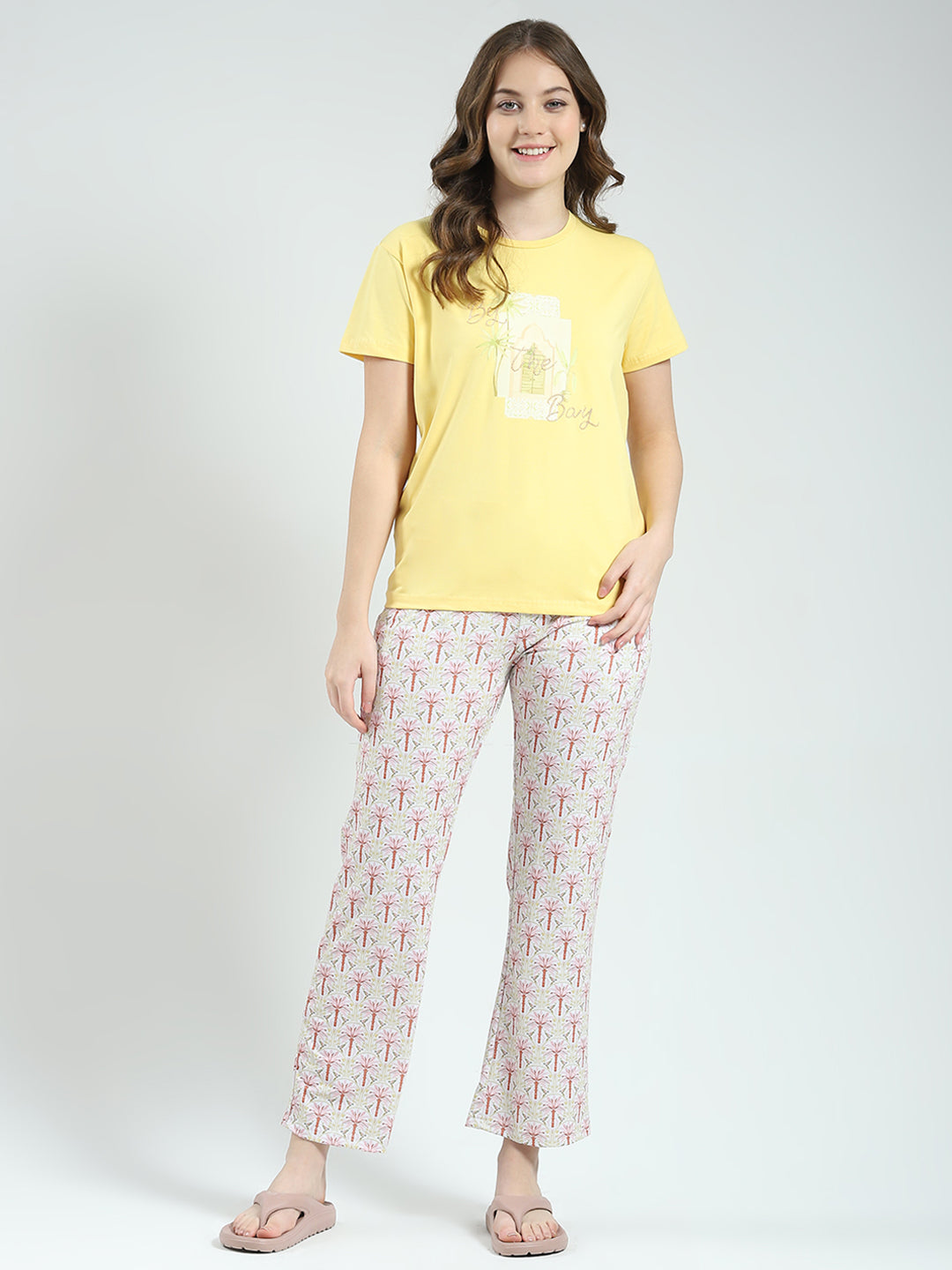 Women Yellow Printed Round Neck Half Sleeve Lower Set
